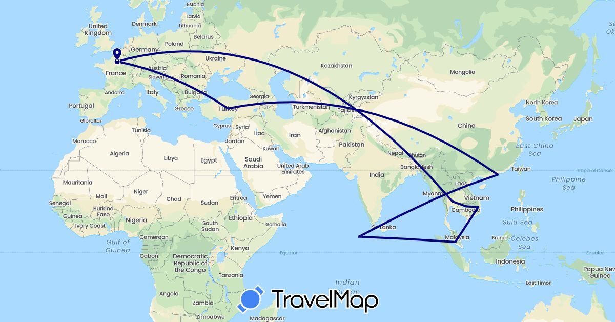 TravelMap itinerary: driving in China, France, Cambodia, Maldives, Malaysia, Thailand, Turkey, Vietnam (Asia, Europe)